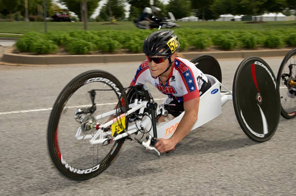 A photo of Oksana competing in Paracycling Hand Cycling Road Races at the UCI Paracycling Road World Championships.