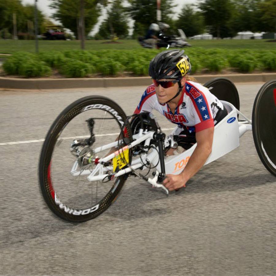 A photo of Oksana competing in Paracycling Hand Cycling Road Races in the UCI Paracycling Road World Championships.