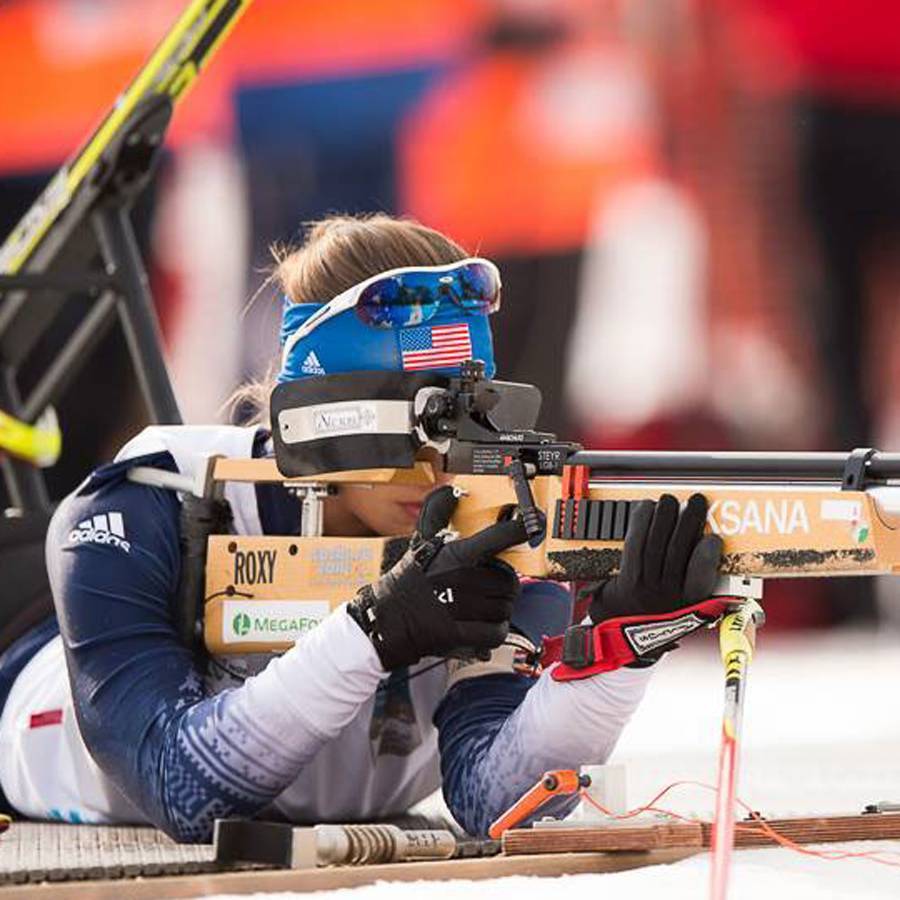 A close up photo of Oksana at the shooting range during the Nordic Biathalon at the 2014 Paralympic Winter Games.