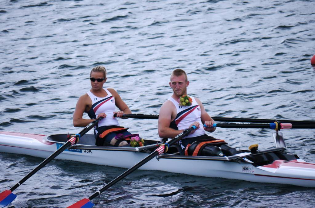 A photo of Oksana and her teammate, Rob Jones, competing in Trunk and Arms Mixed Double Sculls at the 2012 Paralympic Games.