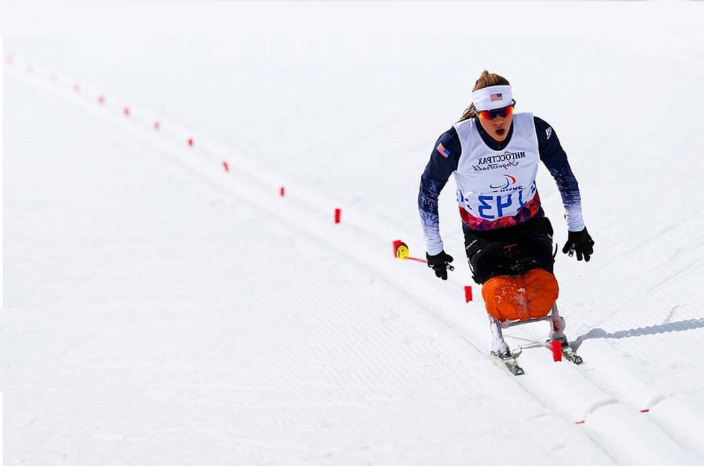 A photo of Oksana competing in Nordic Skiing at the 2014 Paralympic Winter Games in Sochi.