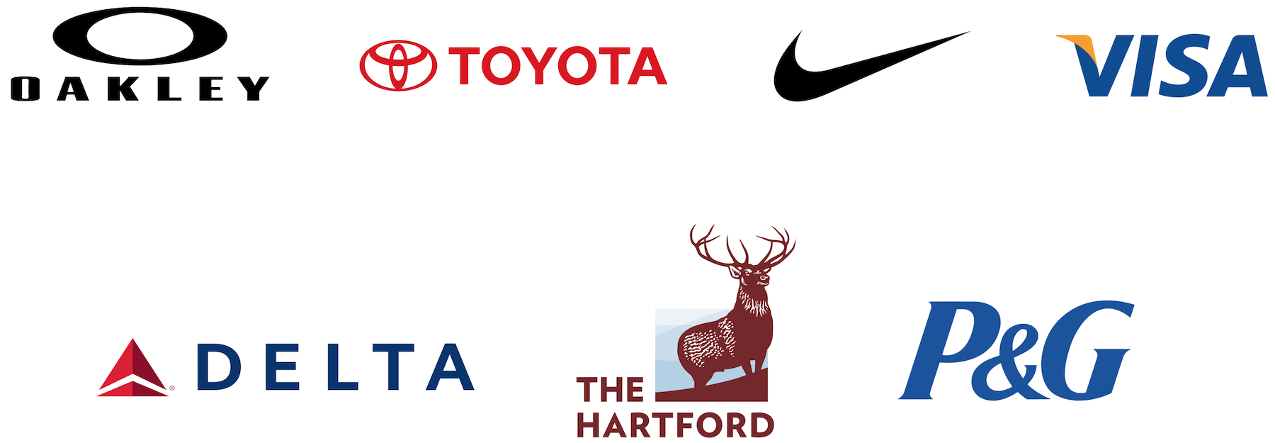 Oakley, Toyota, Nike, Visa, Delta, The Hartford, and Proctor & Gamble